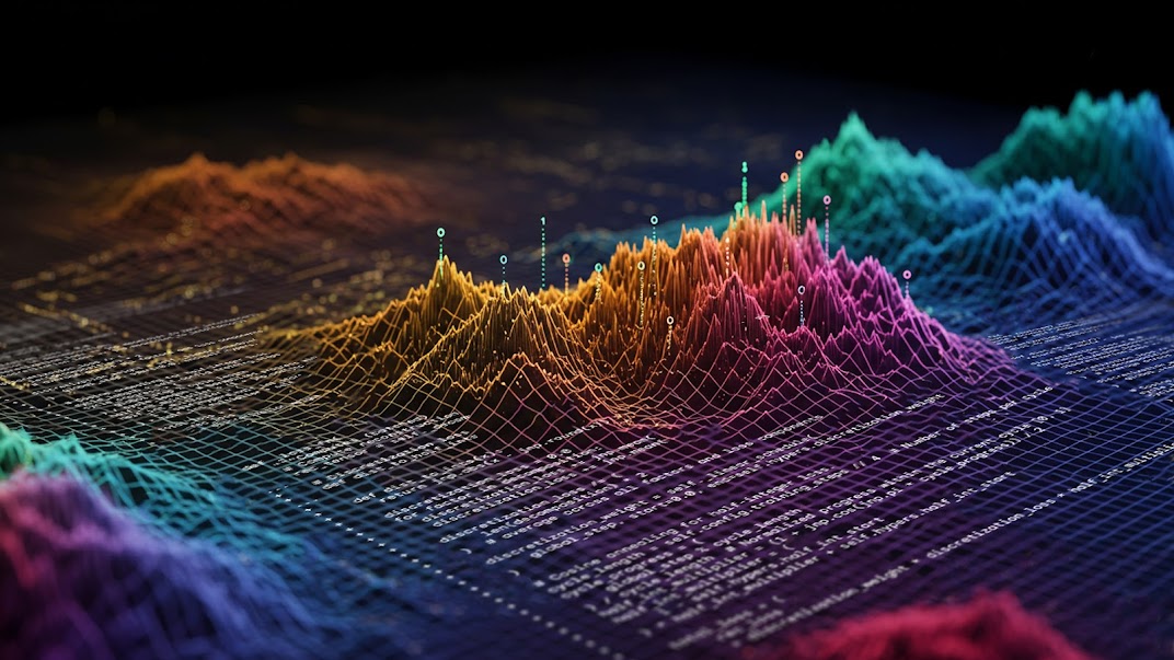 Colourful and abstract digital landscape of code. Demonstrating peaks in high performing code.